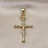 Oro Laminado Religious Pendant, Gold Filled Style Crucifix and Cross Design, with White Cubic Zirconia, Polished, Golden Finish, 05.253.0185