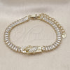 Oro Laminado Fancy Bracelet, Gold Filled Style San Judas and Baguette Design, with White Micro Pave, Polished, Golden Finish, 03.411.0027.07 (06 MM Thickness, 7 Inches Length)