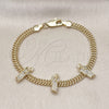 Oro Laminado Fancy Bracelet, Gold Filled Style San Judas and Bismark Design, with White Micro Pave, Polished, Golden Finish, 03.411.0047.07 (05 MM Thickness, 7 Inches Length)