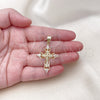 Oro Laminado Religious Pendant, Gold Filled Style Cross and Crucifix Design, with White Cubic Zirconia, Polished, Golden Finish, 05.253.0190