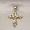 Oro Laminado Religious Pendant, Gold Filled Style Cross and Crucifix Design, with White Cubic Zirconia, Polished, Golden Finish, 05.253.0190