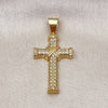 Oro Laminado Religious Pendant, Gold Filled Style Cross Design, with White Cubic Zirconia, Polished, Golden Finish, 05.342.0216