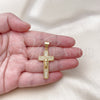 Oro Laminado Religious Pendant, Gold Filled Style Cross and Crucifix Design, with White Micro Pave, Polished, Golden Finish, 05.342.0218