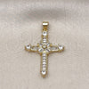 Oro Laminado Religious Pendant, Gold Filled Style Cross and Baguette Design, with White Cubic Zirconia, Polished, Golden Finish, 05.341.0099