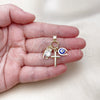 Oro Laminado Fancy Pendant, Gold Filled Style Cross and Owl Design, with White Cubic Zirconia, Blue Enamel Finish, Golden Finish, 05.213.0166