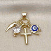 Oro Laminado Fancy Pendant, Gold Filled Style Cross and Owl Design, with White Cubic Zirconia, Blue Enamel Finish, Golden Finish, 05.213.0166