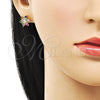 Oro Laminado Stud Earring, Gold Filled Style Flower Design, with Multicolor Cubic Zirconia, Polished, Golden Finish, 02.411.0054