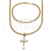 Oro Laminado Necklace and Bracelet, Gold Filled Style Crucifix and Miami Cuban Design, Polished, Golden Finish, 06.63.0274