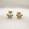 Oro Laminado Stud Earring, Gold Filled Style Butterfly Design, with White Micro Pave, Polished, Golden Finish, 02.411.0077