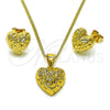 Oro Laminado Earring and Pendant Adult Set, Gold Filled Style Heart Design, Diamond Cutting Finish, Golden Finish, 10.342.0213