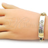 Oro Laminado ID Bracelet, Gold Filled Style San Judas Design, Polished, Tricolor, 03.120.0013.08 (12 MM Thickness, 9 Inches Length)