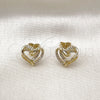 Oro Laminado Stud Earring, Gold Filled Style Heart Design, with White Micro Pave, Polished, Golden Finish, 02.213.0787