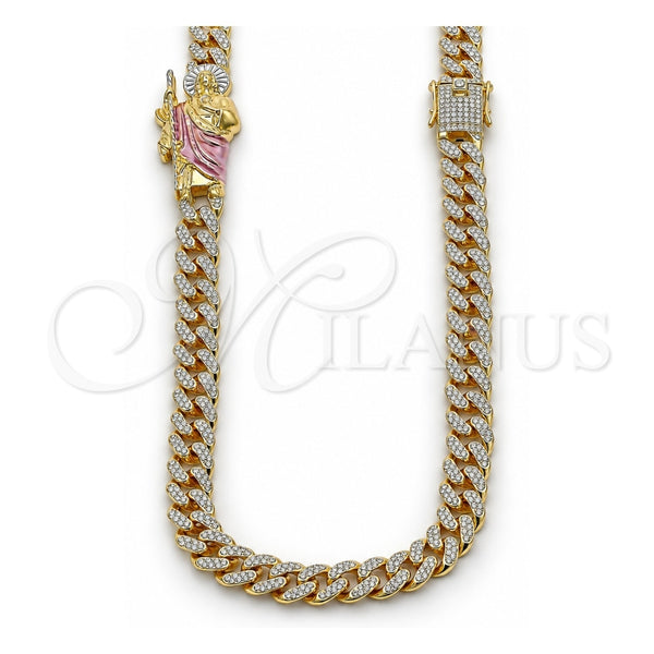 Oro Laminado Fancy Necklace, Gold Filled Style San Judas and Miami Cuban Design, with White Crystal, Polished, Golden Finish, 04.253.0029.24 (12 MM Thickness, 24 Inches Length)