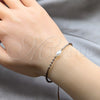 Sterling Silver Adjustable Bolo Bracelet, Ball Design, with White Pearl and Light Brown Crystal, Algodón, Silver Finish, 03.426.0064.1.07 (08 MM Thickness, 7 Inches Length)