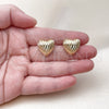 Oro Laminado Stud Earring, Gold Filled Style Heart Design, Diamond Cutting Finish, Golden Finish, 02.202.0008