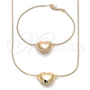 Oro Laminado Necklace and Bracelet, Gold Filled Style Heart and Rat Tail Design, Polished, Golden Finish, 06.63.0291