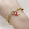 Oro Laminado Charm Bracelet, Gold Filled Style Heart Design, Red Enamel Finish, Golden Finish, 03.213.0320.1.07 (07 MM Thickness, 7 Inches Length)