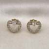 Oro Laminado Stud Earring, Gold Filled Style Heart and Bow Design, with White Cubic Zirconia, Polished, Golden Finish, 02.156.0698