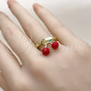 Oro Laminado Elegant Ring, Gold Filled Style Cherry Design, Red Enamel Finish, Golden Finish, 01.421.0002