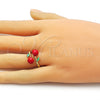 Oro Laminado Elegant Ring, Gold Filled Style Cherry Design, Red Enamel Finish, Golden Finish, 01.421.0004