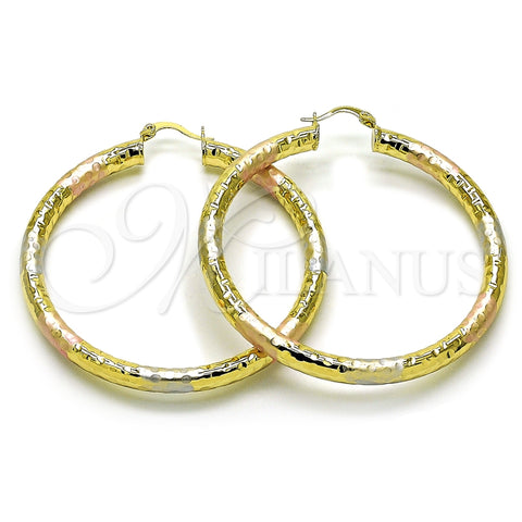 Oro Laminado Large Hoop, Gold Filled Style Hollow Design, Diamond Cutting Finish, Tricolor, 02.213.0813.60