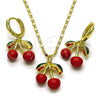 Oro Laminado Earring and Pendant Adult Set, Gold Filled Style Cherry Design, Red Enamel Finish, Golden Finish, 10.411.0007