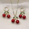 Oro Laminado Earring and Pendant Adult Set, Gold Filled Style Cherry Design, Red Enamel Finish, Golden Finish, 10.411.0008