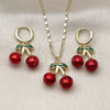 Oro Laminado Earring and Pendant Adult Set, Gold Filled Style Cherry Design, Red Enamel Finish, Golden Finish, 10.411.0008