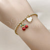 Oro Laminado Charm Bracelet, Gold Filled Style Cherry and Heart Design, Red Enamel Finish, Golden Finish, 03.282.0007.07
