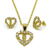 Oro Laminado Earring and Pendant Adult Set, Gold Filled Style Heart and San Judas Design, with White Cubic Zirconia, Polished, Golden Finish, 10.411.0011