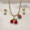 Oro Laminado Necklace and Earring, Gold Filled Style Cherry Design, Polished, Golden Finish, 06.417.0018