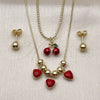 Oro Laminado Necklace and Earring, Gold Filled Style Cherry and Heart Design, Red Enamel Finish, Golden Finish, 06.417.0019