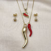 Oro Laminado Necklace and Earring, Gold Filled Style Chili and Box Design, with White Micro Pave, Red Enamel Finish, Golden Finish, 06.417.0021