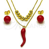 Oro Laminado Necklace and Earring, Gold Filled Style Chili and Box Design, Red Enamel Finish, Golden Finish, 06.417.0023