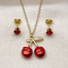 Oro Laminado Earring and Pendant Adult Set, Gold Filled Style Cherry Design, with Garnet Cubic Zirconia, Red Enamel Finish, Golden Finish, 10.417.0016