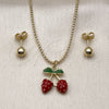 Oro Laminado Earring and Pendant Adult Set, Gold Filled Style Strawberry and Ball Design, Red Enamel Finish, Golden Finish, 10.417.0017