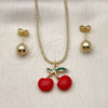 Oro Laminado Earring and Pendant Adult Set, Gold Filled Style Cherry and Ball Design, Red Enamel Finish, Golden Finish, 10.417.0018