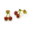 Oro Laminado Stud Earring, Gold Filled Style Cherry Design, Red Enamel Finish, Golden Finish, 02.417.0010