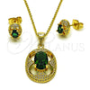 Oro Laminado Earring and Pendant Adult Set, Gold Filled Style Cluster Design, with Green Cubic Zirconia and White Micro Pave, Polished, Golden Finish, 10.156.0531