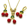 Oro Laminado Earring and Pendant Adult Set, Gold Filled Style Cherry and Ball Design, with Green Cubic Zirconia and Garnet Pearl, Polished, Golden Finish, 10.170.0013