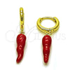 Oro Laminado Dangle Earring, Gold Filled Style Chili Design, Red Enamel Finish, Golden Finish, 02.411.0078