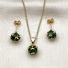 Oro Laminado Earring and Pendant Adult Set, Gold Filled Style Ball Design, with Green Cubic Zirconia, Polished, Golden Finish, 10.342.0252
