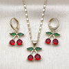 Oro Laminado Earring and Pendant Adult Set, Gold Filled Style Cherry Design, with Garnet and Green Cubic Zirconia, Polished, Golden Finish, 10.411.0015