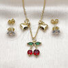 Oro Laminado Earring and Pendant Adult Set, Gold Filled Style Cherry and Heart Design, with White and Garnet Cubic Zirconia, Polished, Golden Finish, 10.411.0016