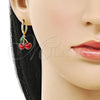 Oro Laminado Dangle Earring, Gold Filled Style Cherry Design, Red Enamel Finish, Golden Finish, 02.282.0031