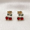 Oro Laminado Stud Earring, Gold Filled Style Cherry and Bow Design, with Garnet and Green Cubic Zirconia, Polished, Golden Finish, 02.283.0256