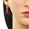 Oro Laminado Dangle Earring, Gold Filled Style Cherry Design, Red Enamel Finish, Golden Finish, 02.284.0051
