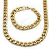 Stainless Steel Necklace and Bracelet, Curb Design, Polished, Golden Finish, 06.257.0003
