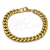 Stainless Steel Basic Bracelet, Miami Cuban Design, Polished, Golden Finish, 03.257.0001.09 (09 MM Thickness, 9 Inches Length)