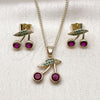 Oro Laminado Earring and Pendant Adult Set, Gold Filled Style Cherry Design, with Ruby Cubic Zirconia and Green Micro Pave, Polished, Golden Finish, 10.283.0027